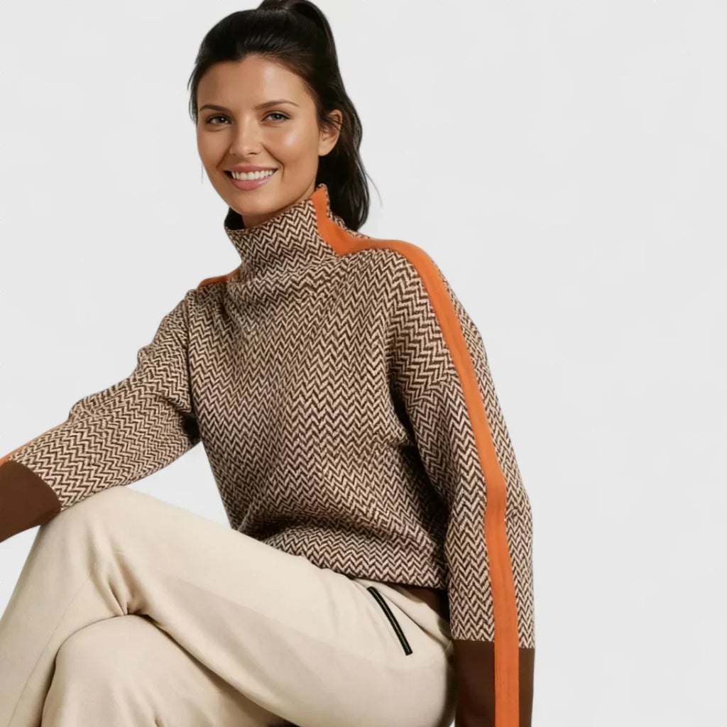 Miroslava – Džemperis ar augstu apkakli un elegantām kontrastējošām svītrām