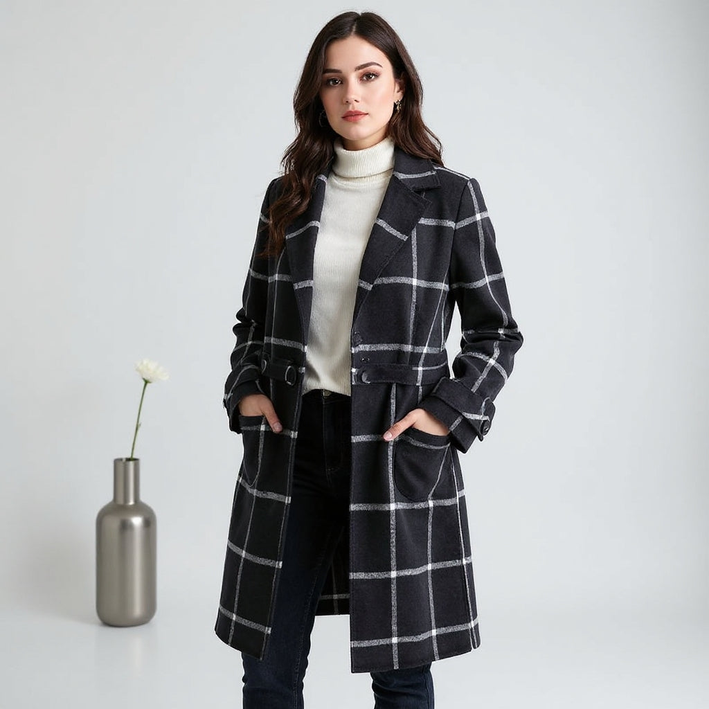 Emilija - Elegants vilnas mētelis zaļā rūtainā rakstā