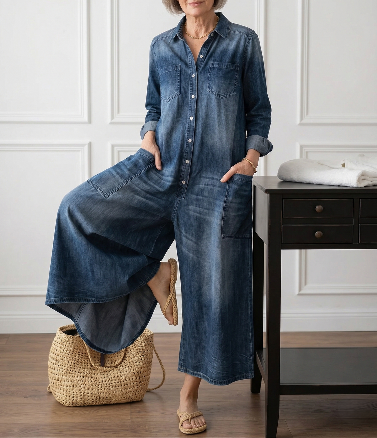 Zora™ | Vintage džinsa kombinezons ar pogām