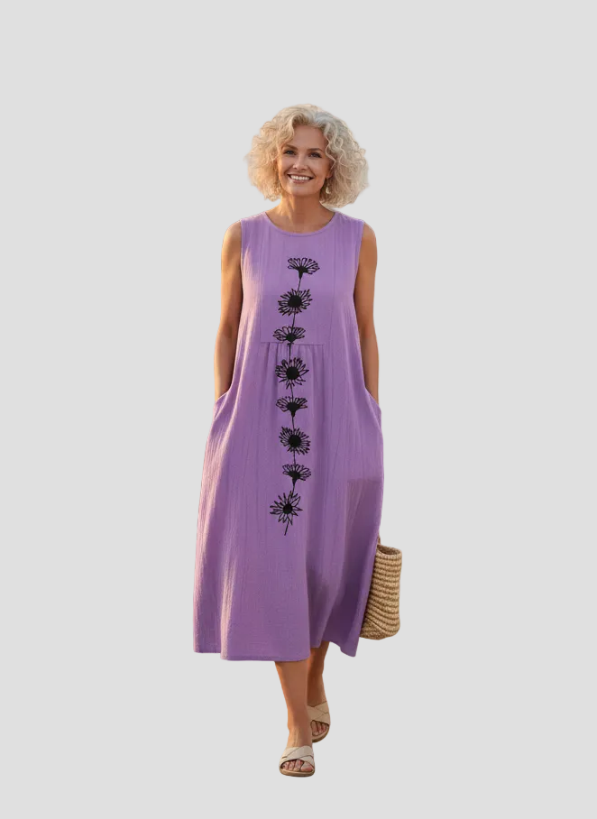 Katarina | Midi kleita ar violetiem ziediem