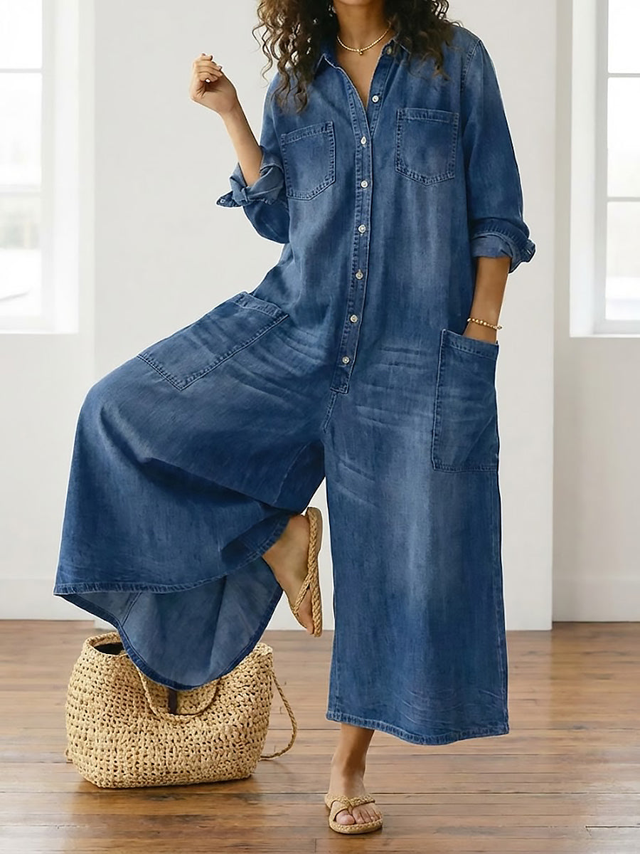 Zora™ | Vintage džinsa kombinezons ar pogām